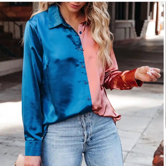 Tops - Satin Colorblock button down